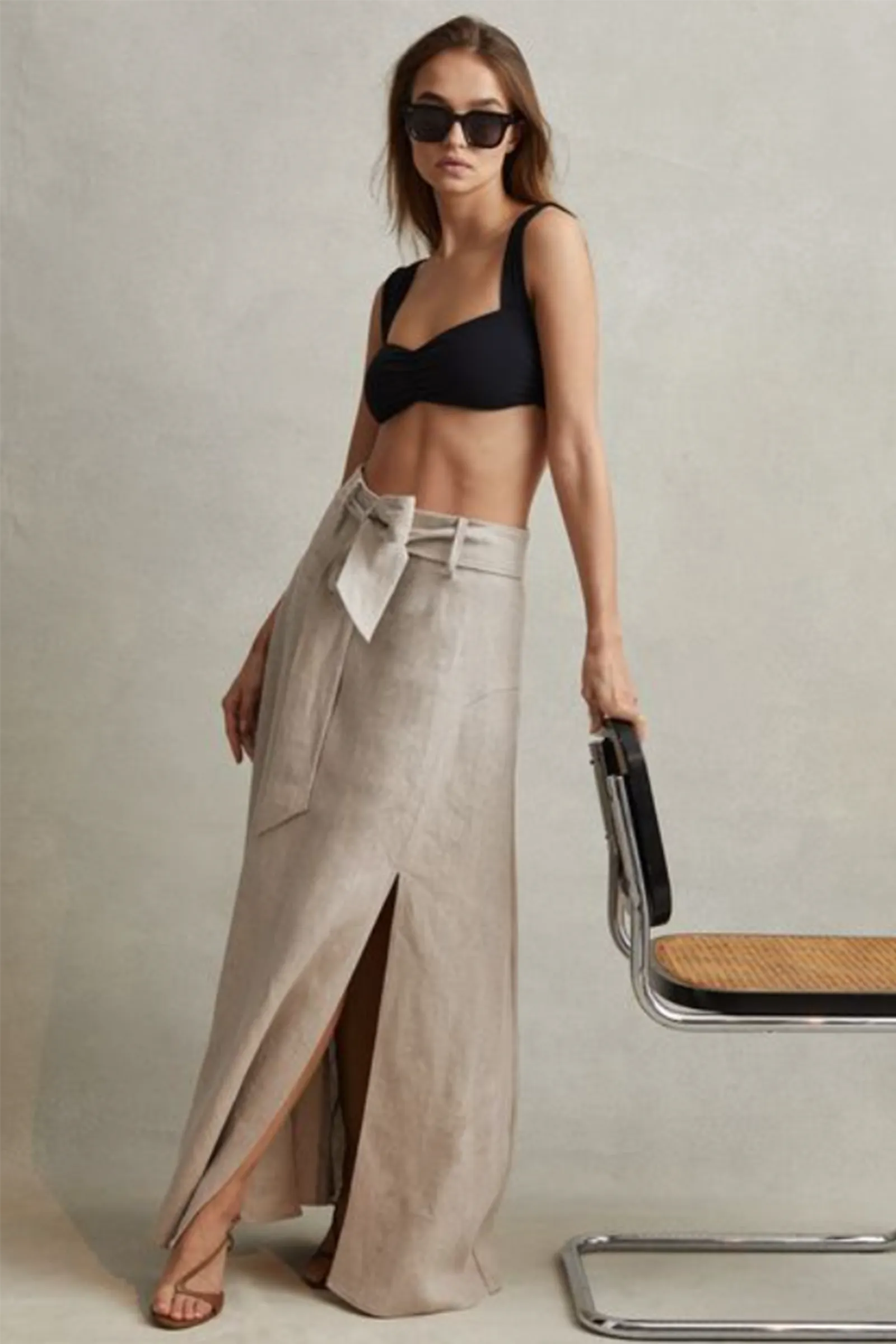Abigail High Rise Linen Midi Skirt