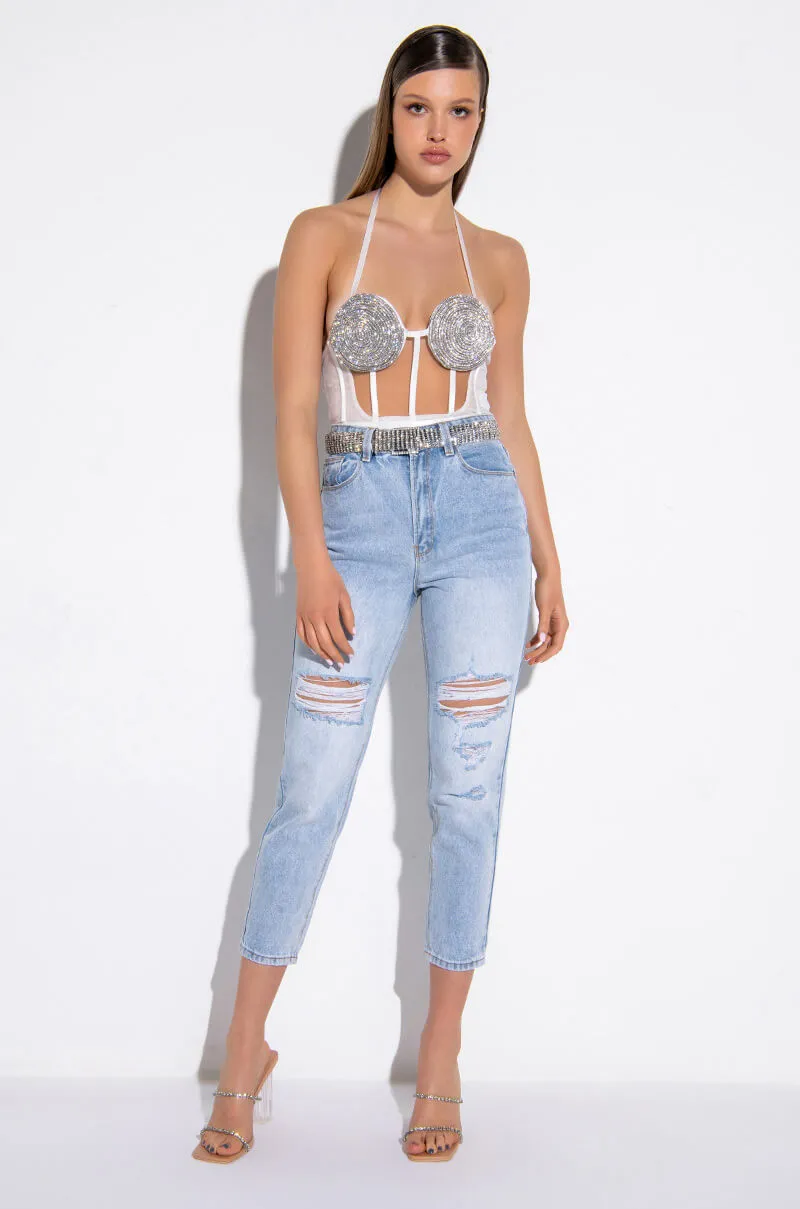 ARRIVEDERCI ACID WASH HIGH RISE DISTRESSED MOM JEANS
