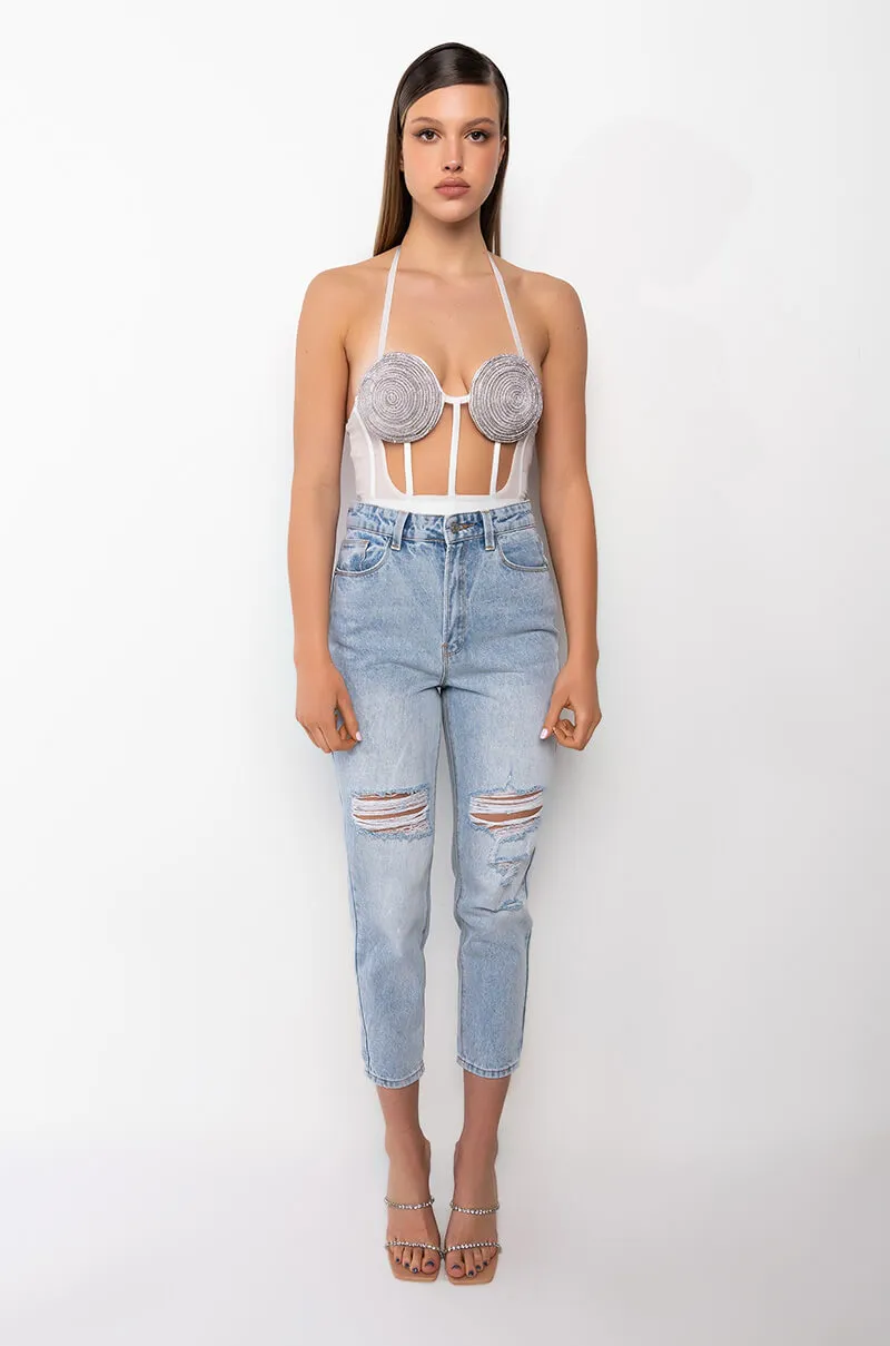 ARRIVEDERCI ACID WASH HIGH RISE DISTRESSED MOM JEANS