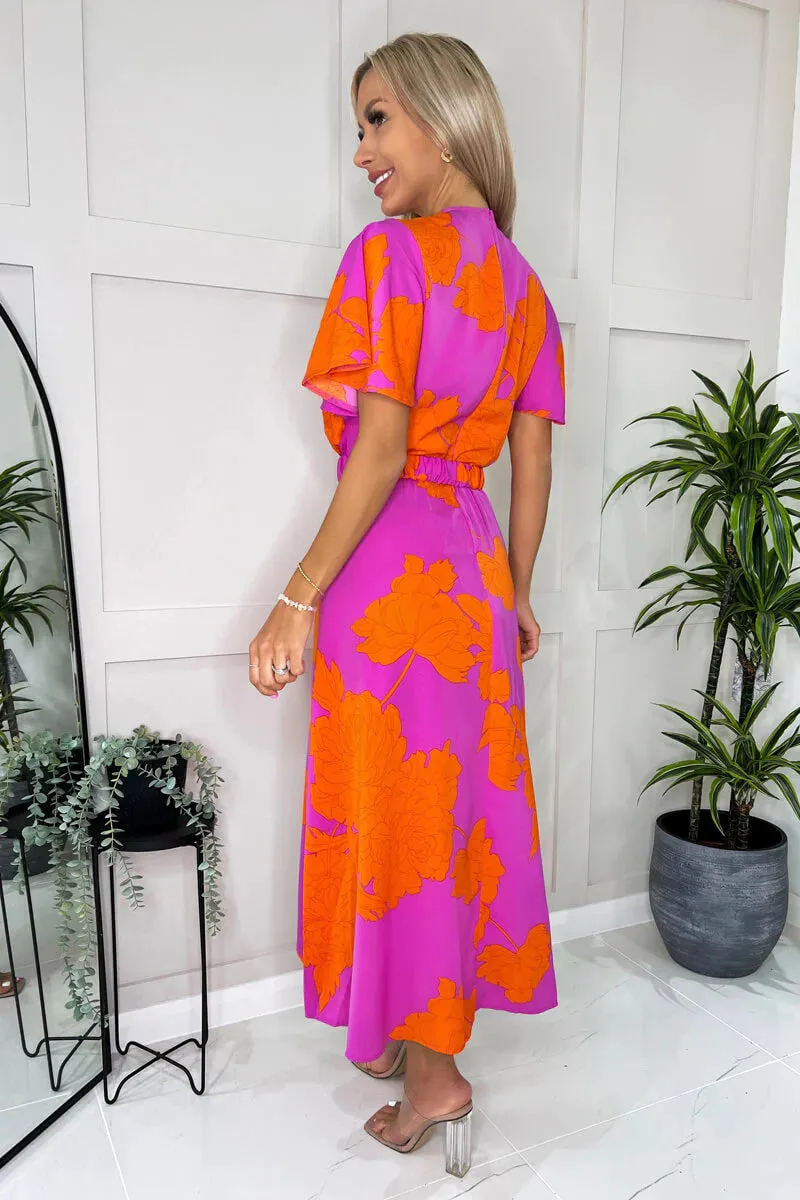 AX PARIS PINK AND ORANGE FLORAL PRINT BELTED WRAP MIDI DRESS