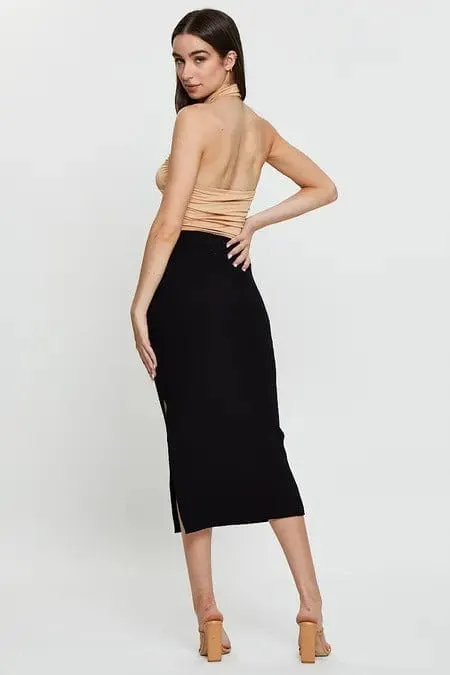 Black Elastic Waist Side Split Knit Midi Skirt