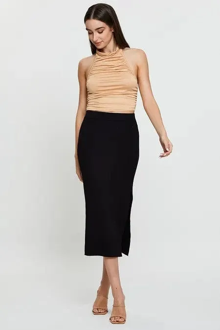 Black Elastic Waist Side Split Knit Midi Skirt