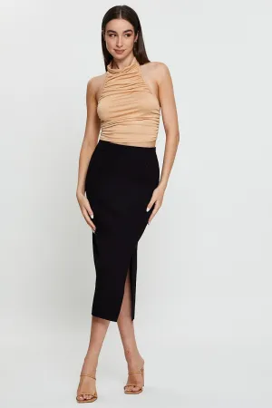 Black Elastic Waist Side Split Knit Midi Skirt