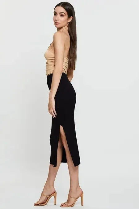 Black Elastic Waist Side Split Knit Midi Skirt