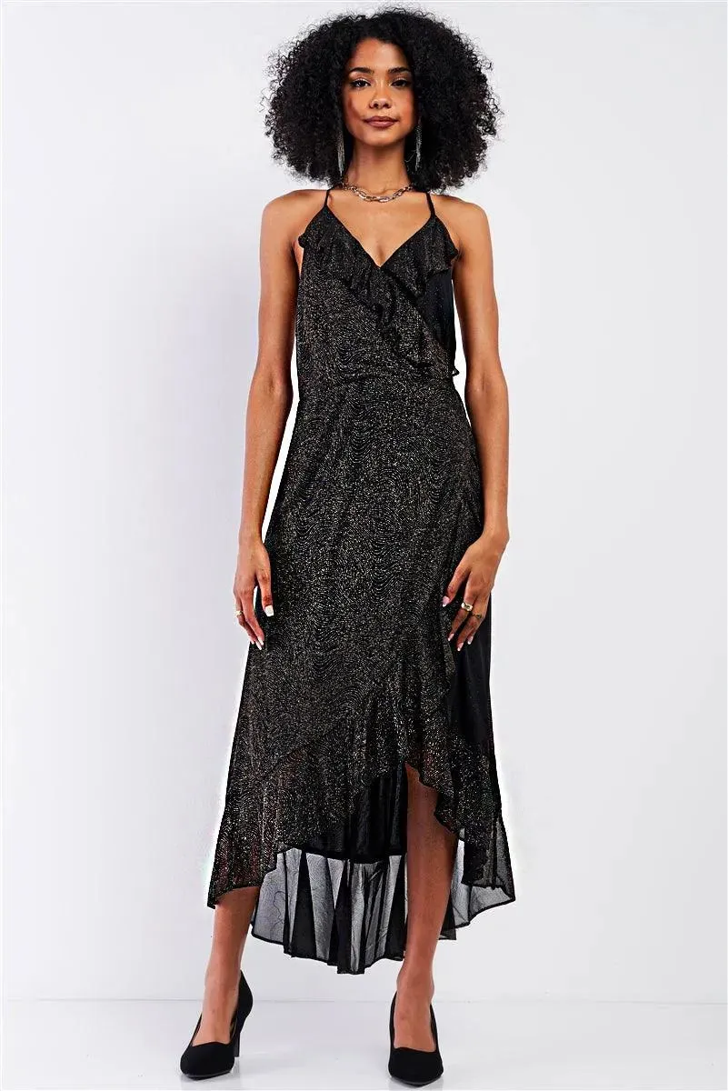 Black Gold Shiny Flounce Trim Asymmetrical Self-Tie Wrap Halter-Tie Neck Open Back Detail Midi Maxi Dress /1-2-2-1