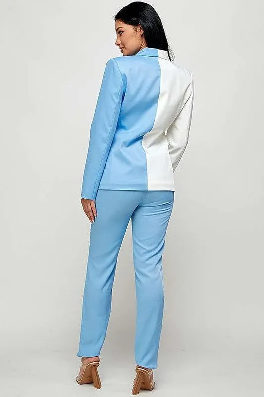 Blue/Ivory Two Tone Color Solid Blazer Pants Set
