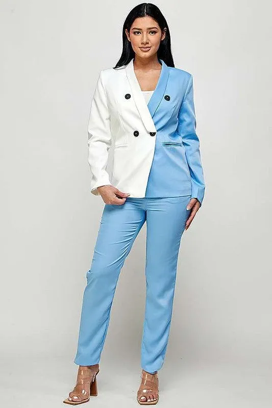 Blue/Ivory Two Tone Color Solid Blazer Pants Set