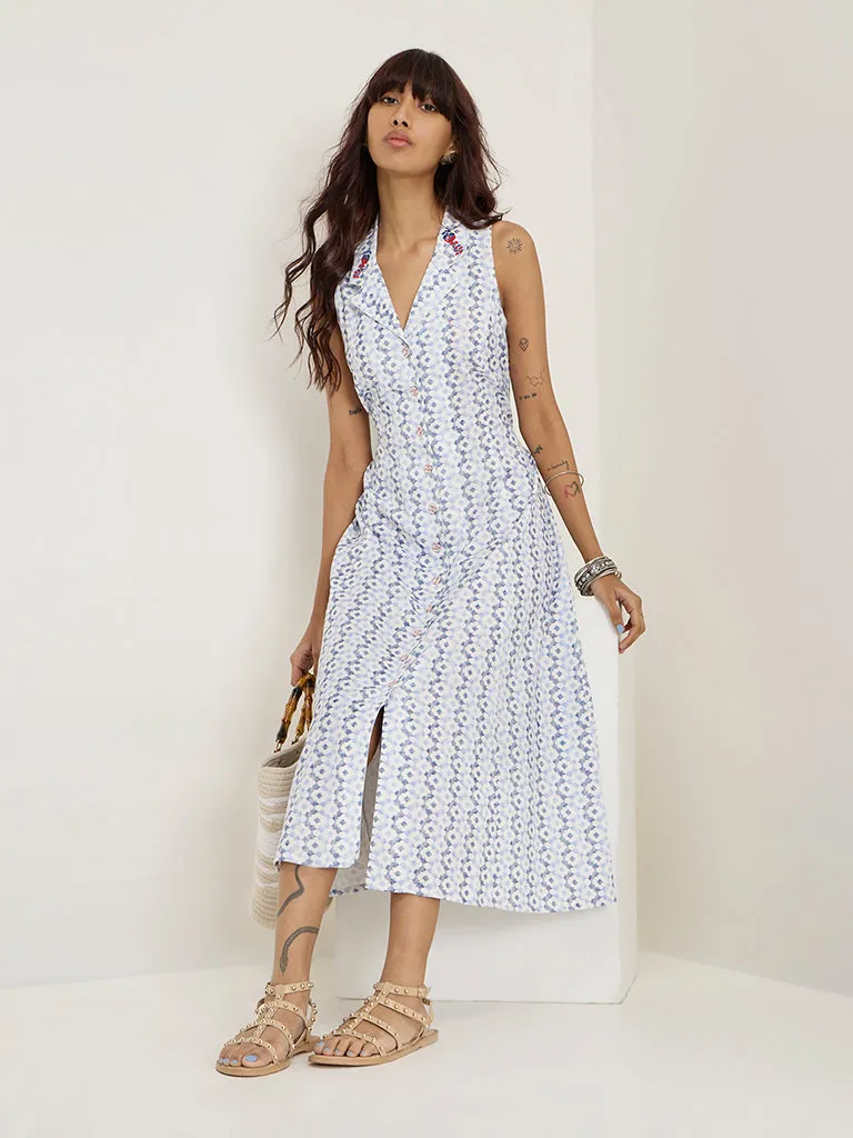 Bombay Paisley Blue Printed Cotton Blend A-Line Dress
