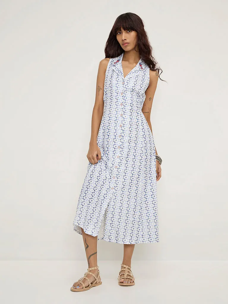 Bombay Paisley Blue Printed Cotton Blend A-Line Dress