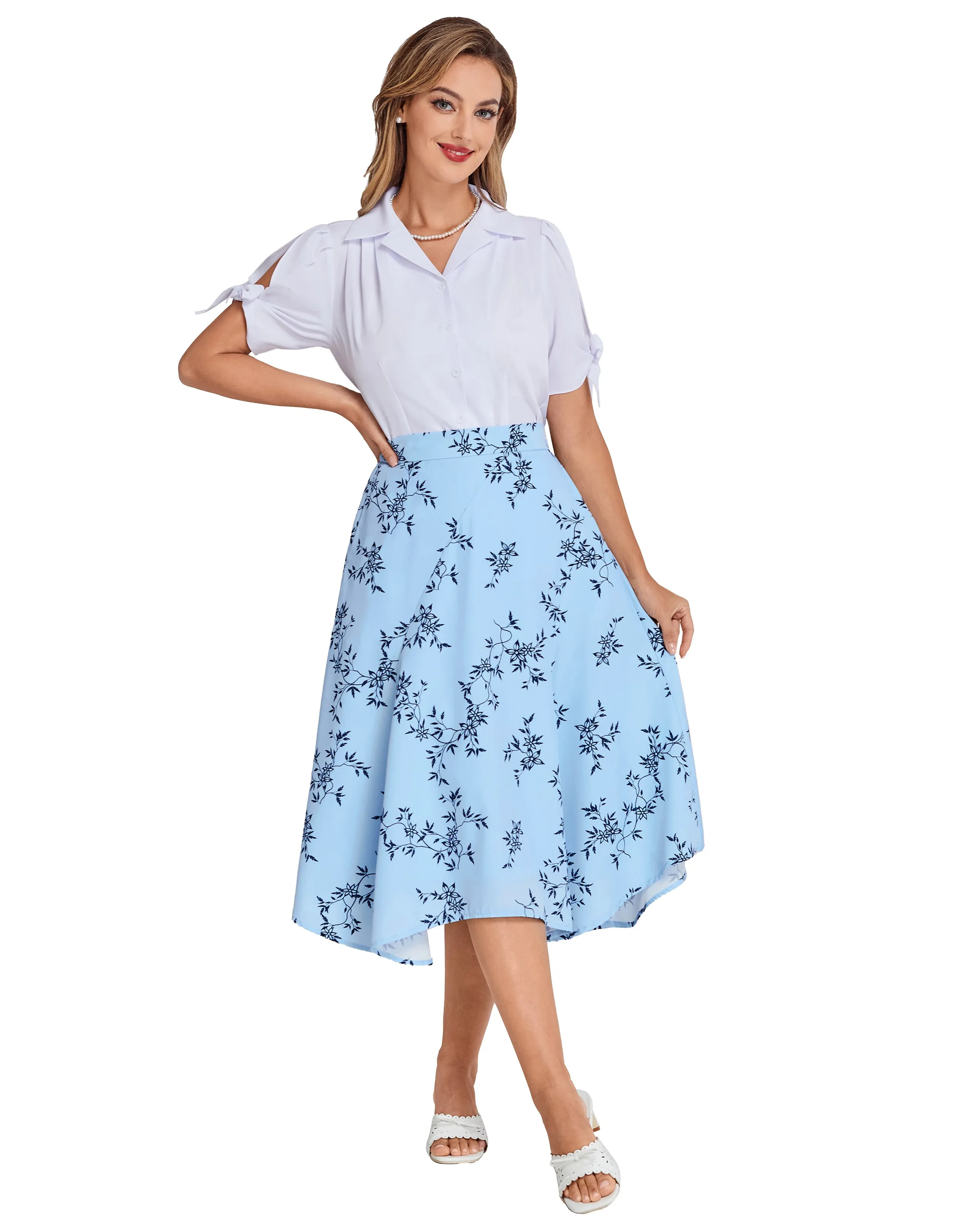 BP Women Vintage Irregular Hem Skirt Elastic Waist Mid-Calf Swing Skirt