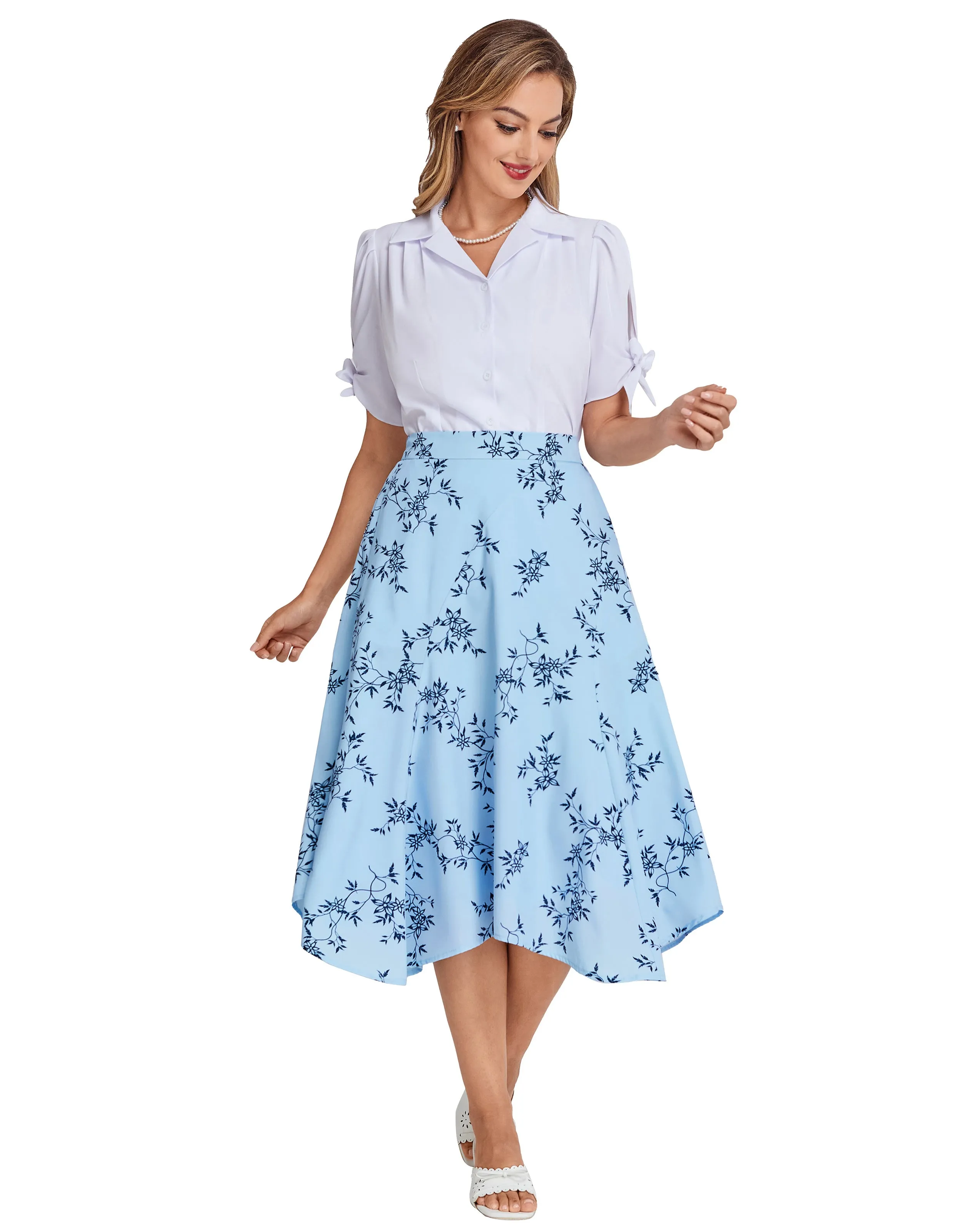 BP Women Vintage Irregular Hem Skirt Elastic Waist Mid-Calf Swing Skirt