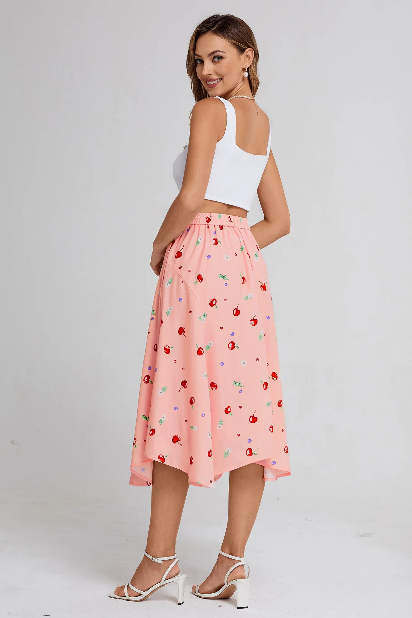 BP Women Vintage Irregular Hem Skirt Elastic Waist Mid-Calf Swing Skirt