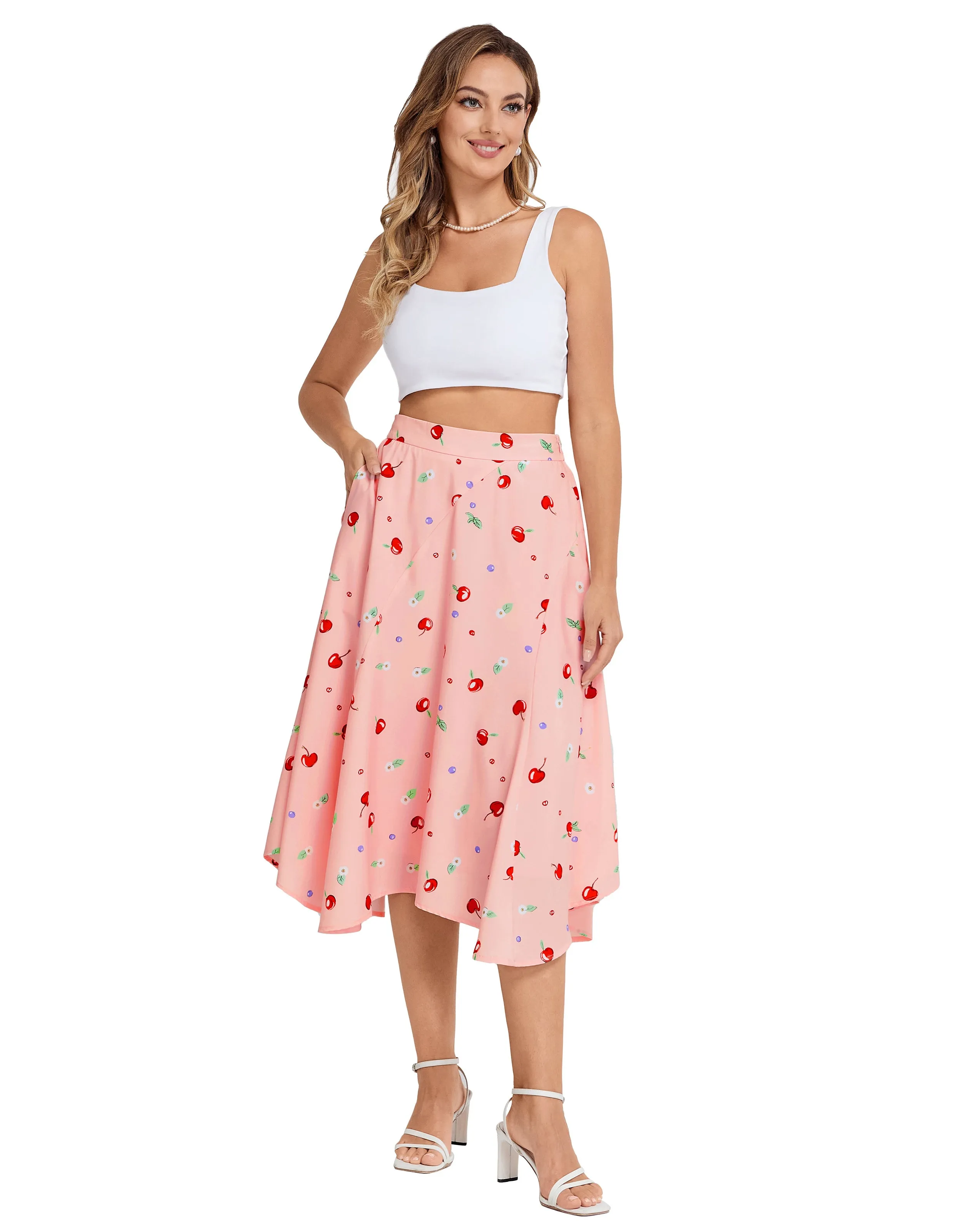 BP Women Vintage Irregular Hem Skirt Elastic Waist Mid-Calf Swing Skirt