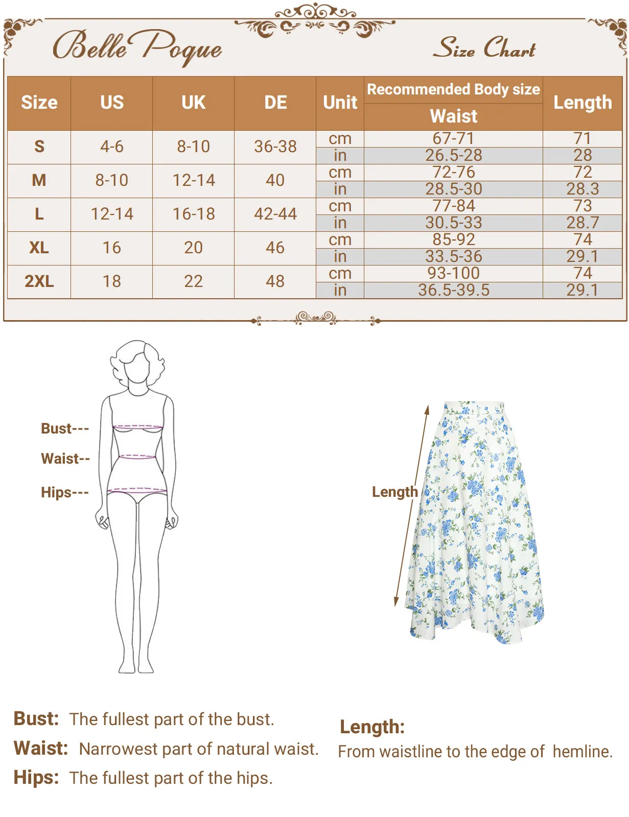BP Women Vintage Irregular Hem Skirt Elastic Waist Mid-Calf Swing Skirt