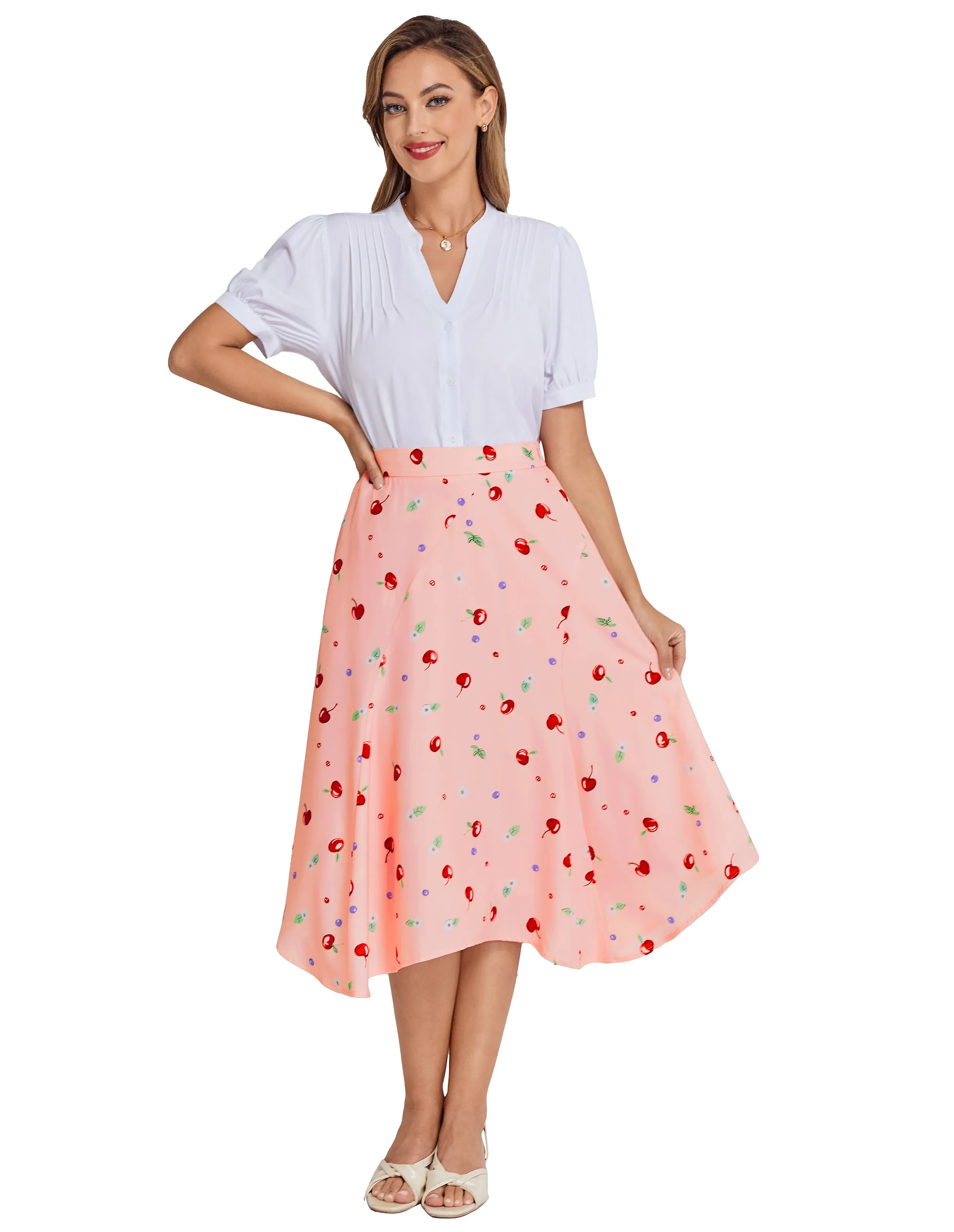 BP Women Vintage Irregular Hem Skirt Elastic Waist Mid-Calf Swing Skirt