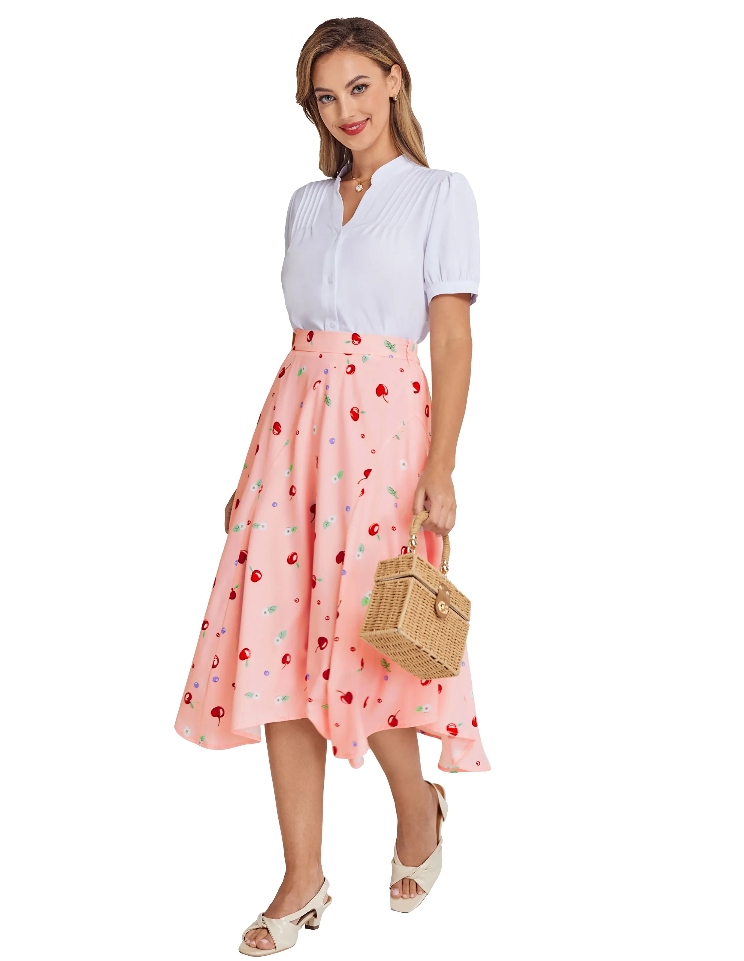 BP Women Vintage Irregular Hem Skirt Elastic Waist Mid-Calf Swing Skirt