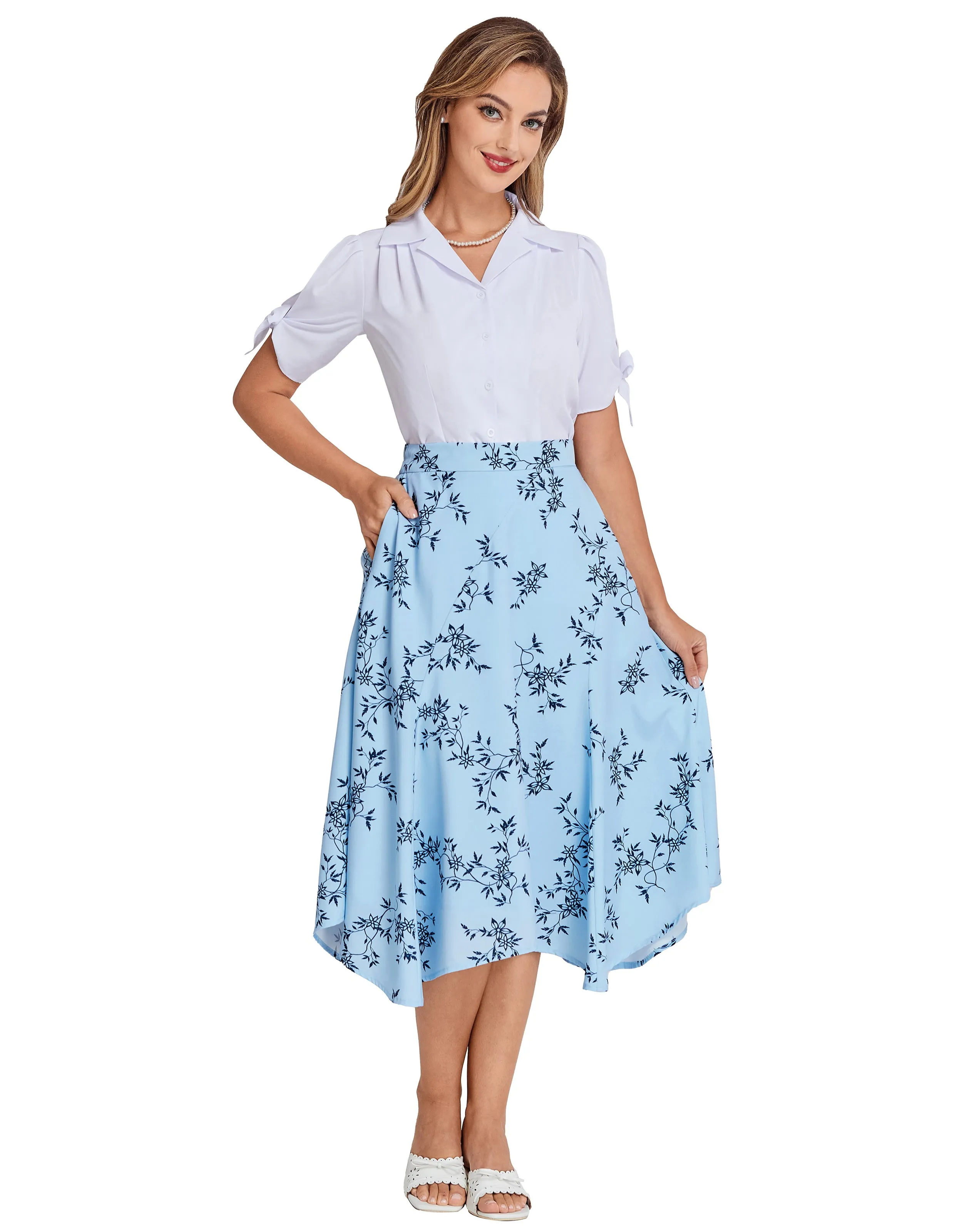 BP Women Vintage Irregular Hem Skirt Elastic Waist Mid-Calf Swing Skirt