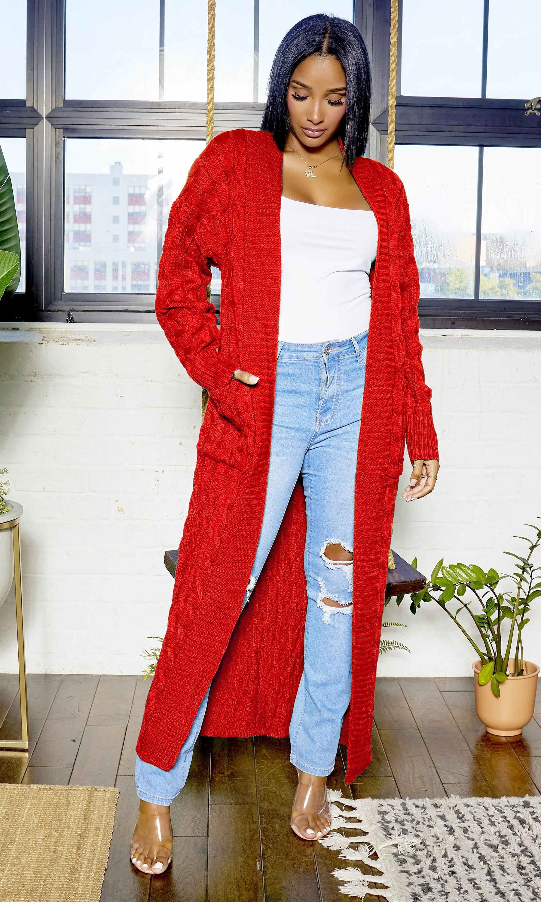 Cable Knit Cardigan - Red