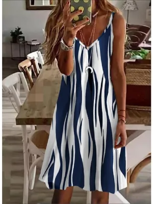 Casual Dress Sundress Strap Dress Midi Dress Black Blue Sleeveless Striped Print Spring Summer V Neck Basic Daily Date Summer Dress  S M L XL XXL 3XL for Women