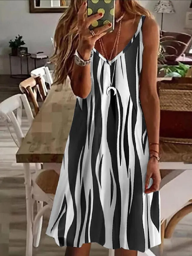 Casual Dress Sundress Strap Dress Midi Dress Black Blue Sleeveless Striped Print Spring Summer V Neck Basic Daily Date Summer Dress  S M L XL XXL 3XL for Women