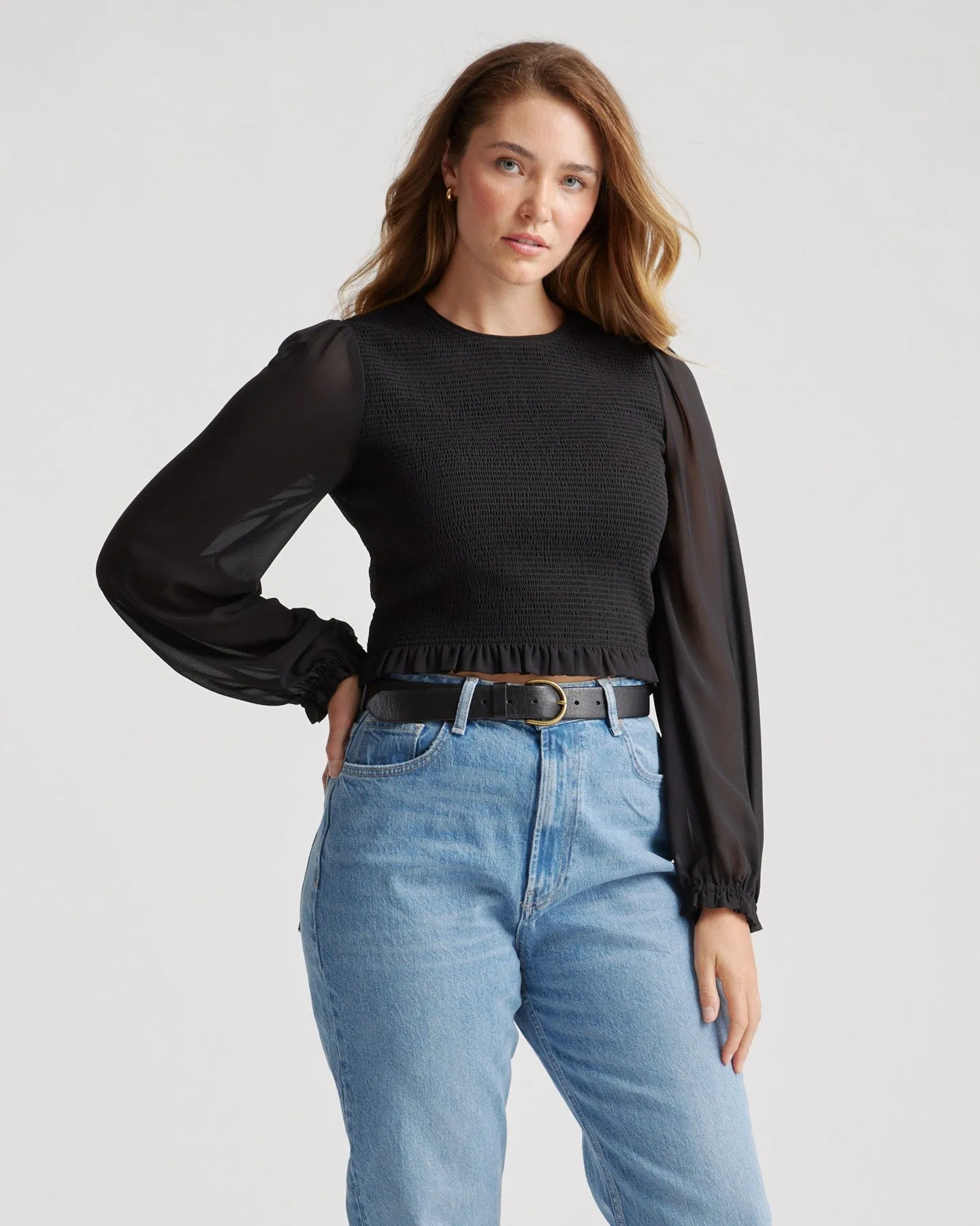 Chiffon Cropped Smocked Blouse