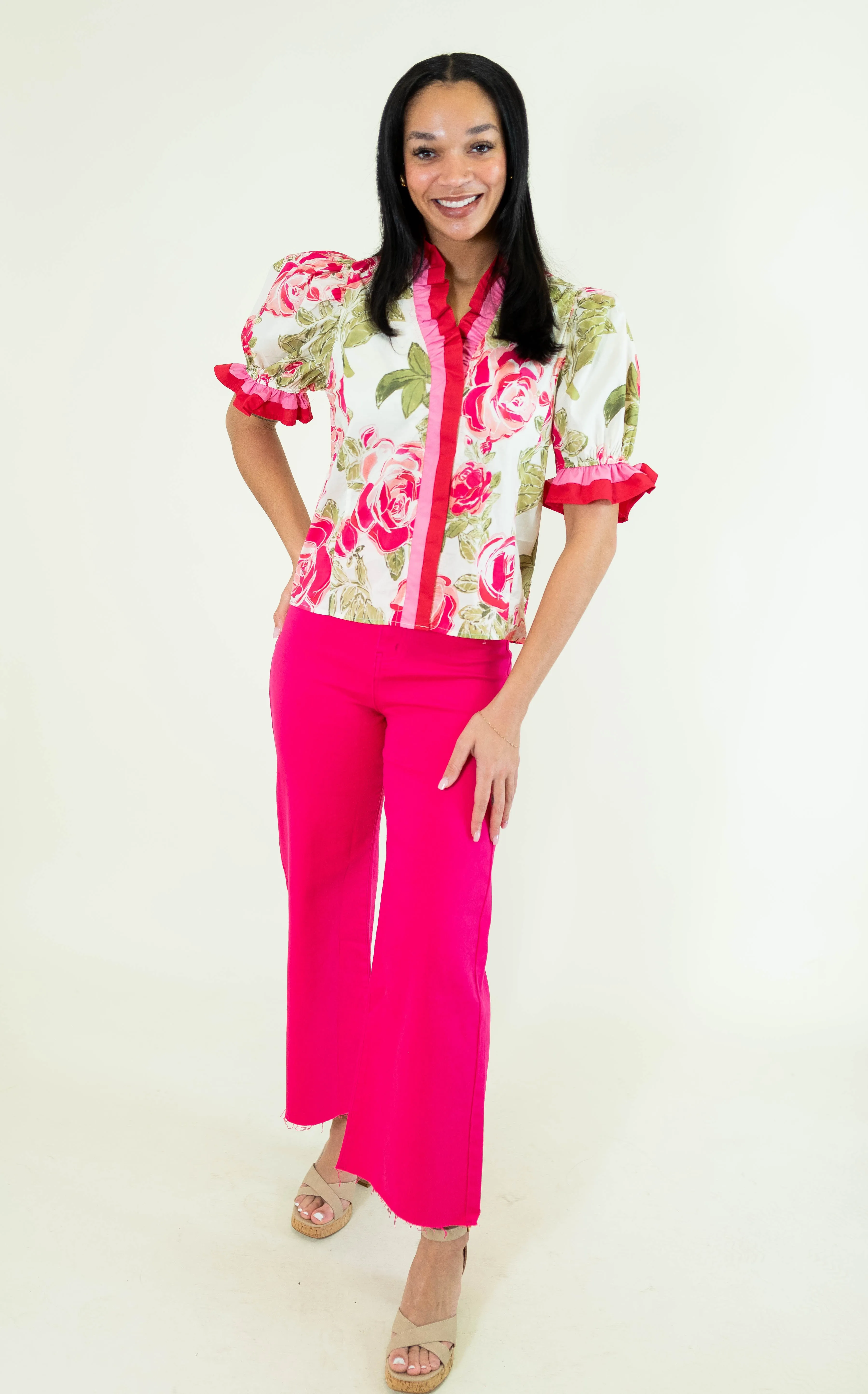 Cream Pink Floral Ruffle Sleeve Blouse
