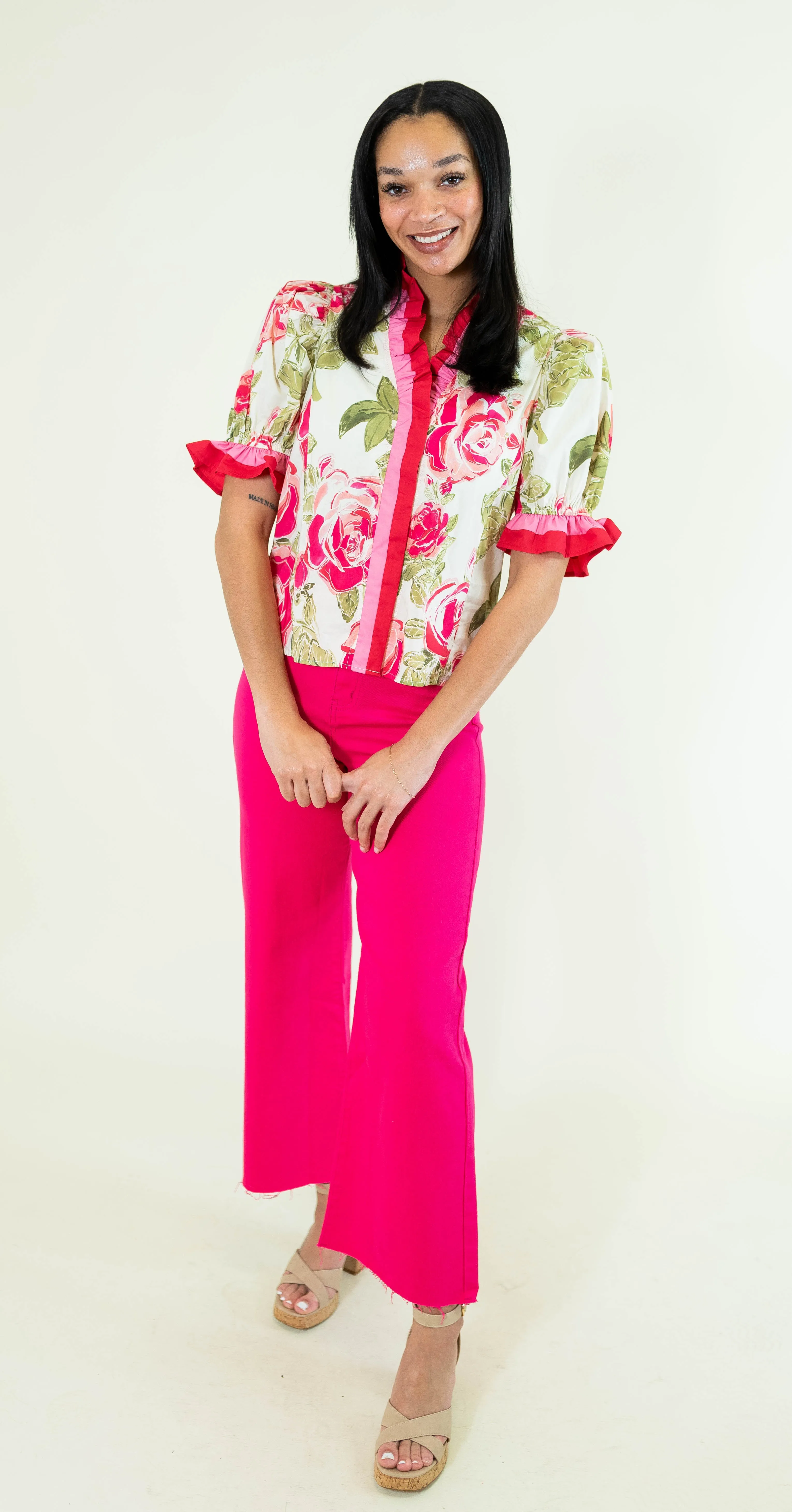 Cream Pink Floral Ruffle Sleeve Blouse