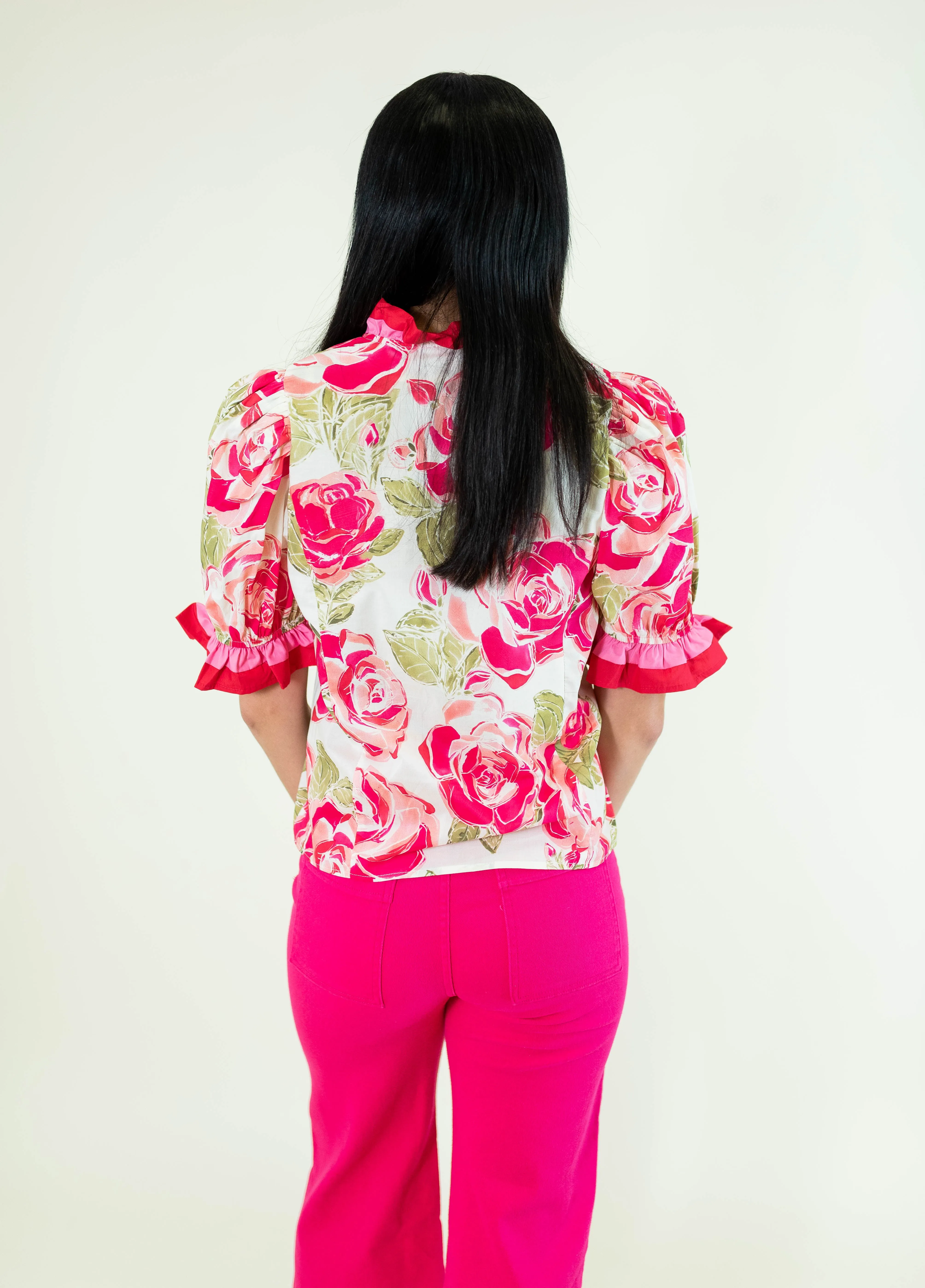 Cream Pink Floral Ruffle Sleeve Blouse