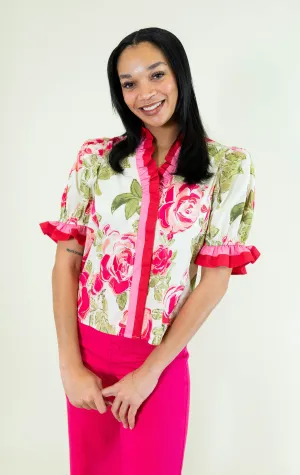 Cream Pink Floral Ruffle Sleeve Blouse