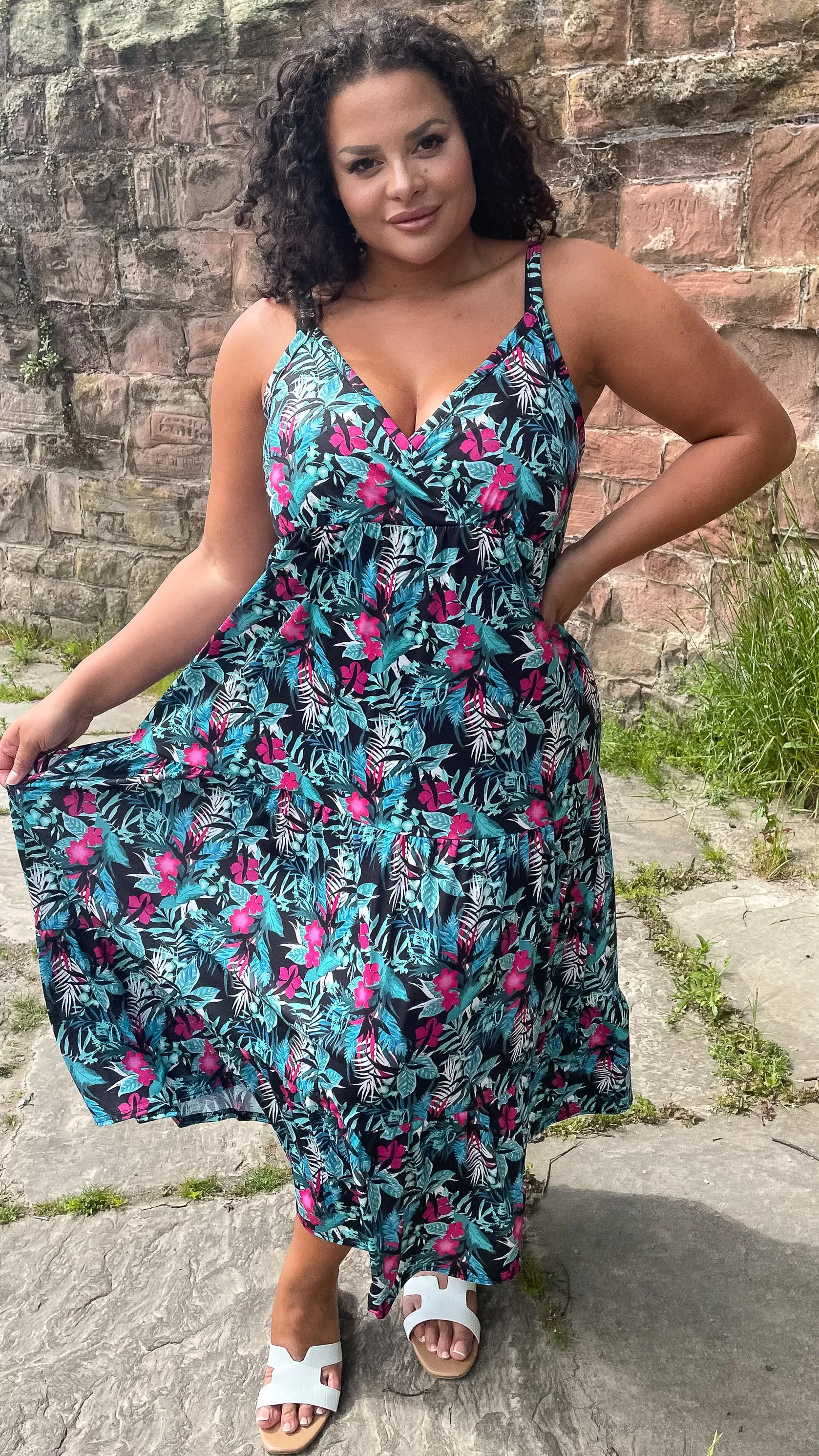 CurveWow Green Tropical Wrap Bust Maxi Dress