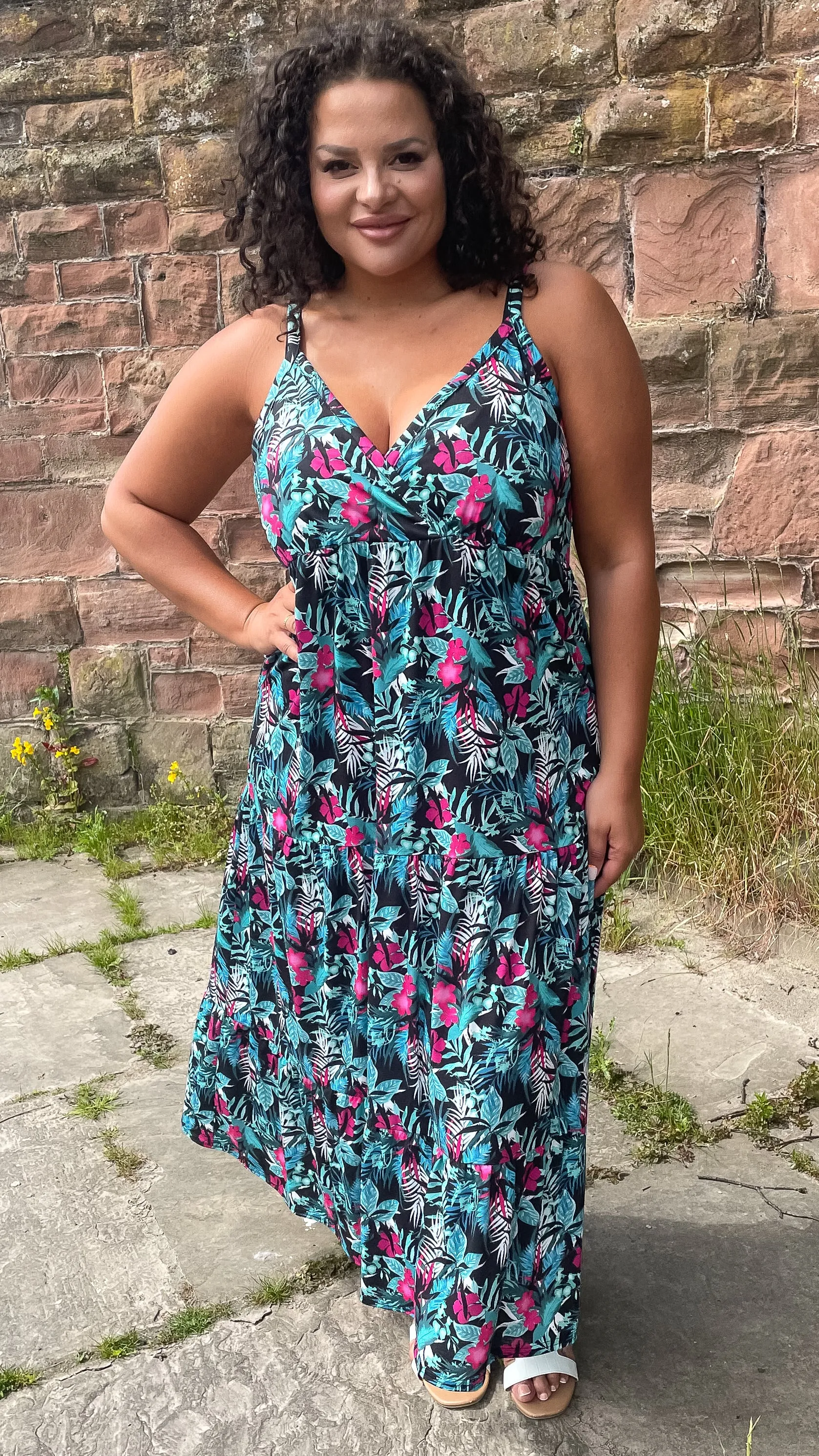 CurveWow Green Tropical Wrap Bust Maxi Dress