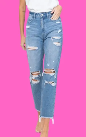 Distressed Raw Hem Mom Jeans