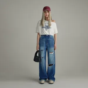 Distressed Straight Wide-Leg Denim Jeans