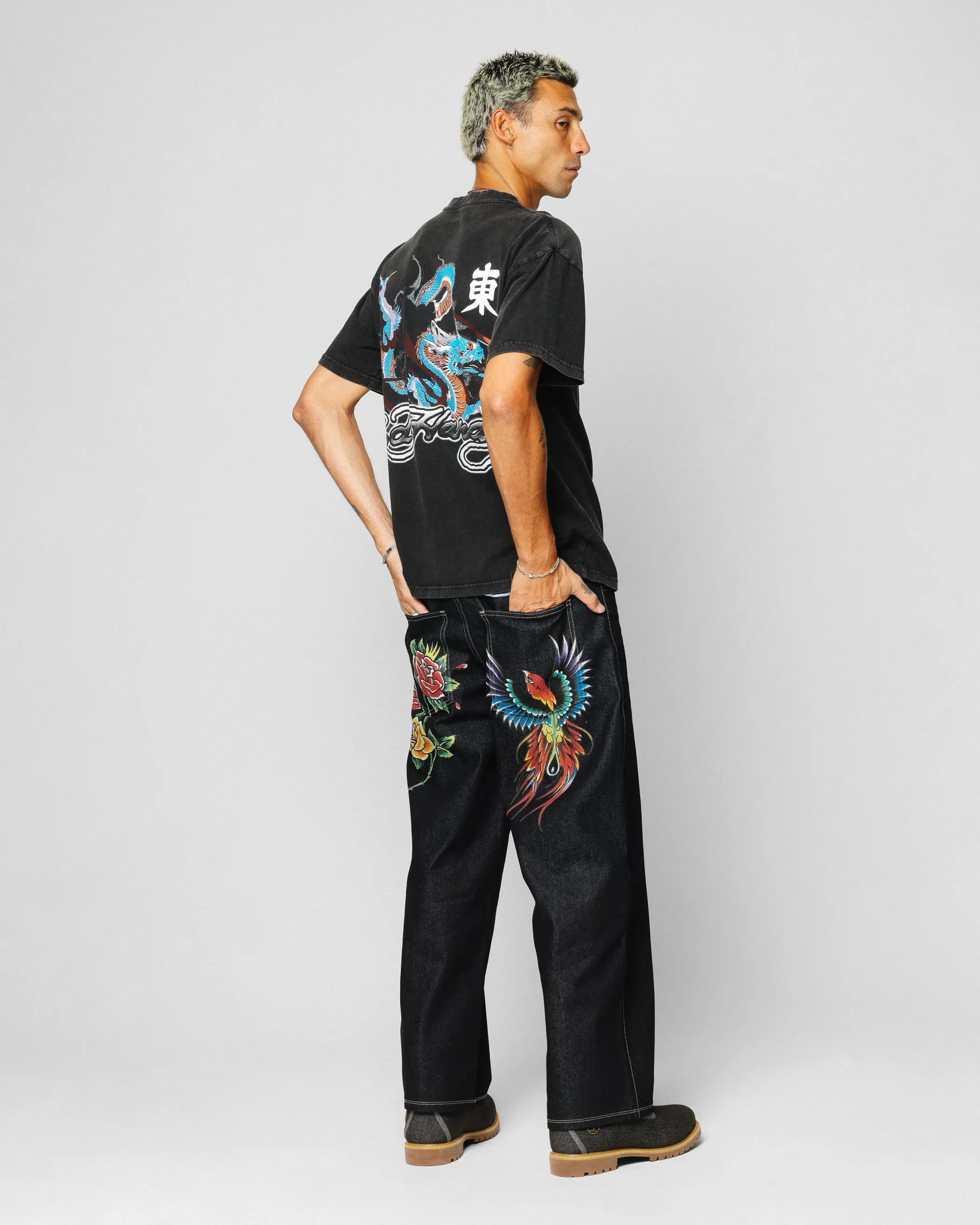 Ed Hardy Dragon Chest T-Shirt Black Acidwash