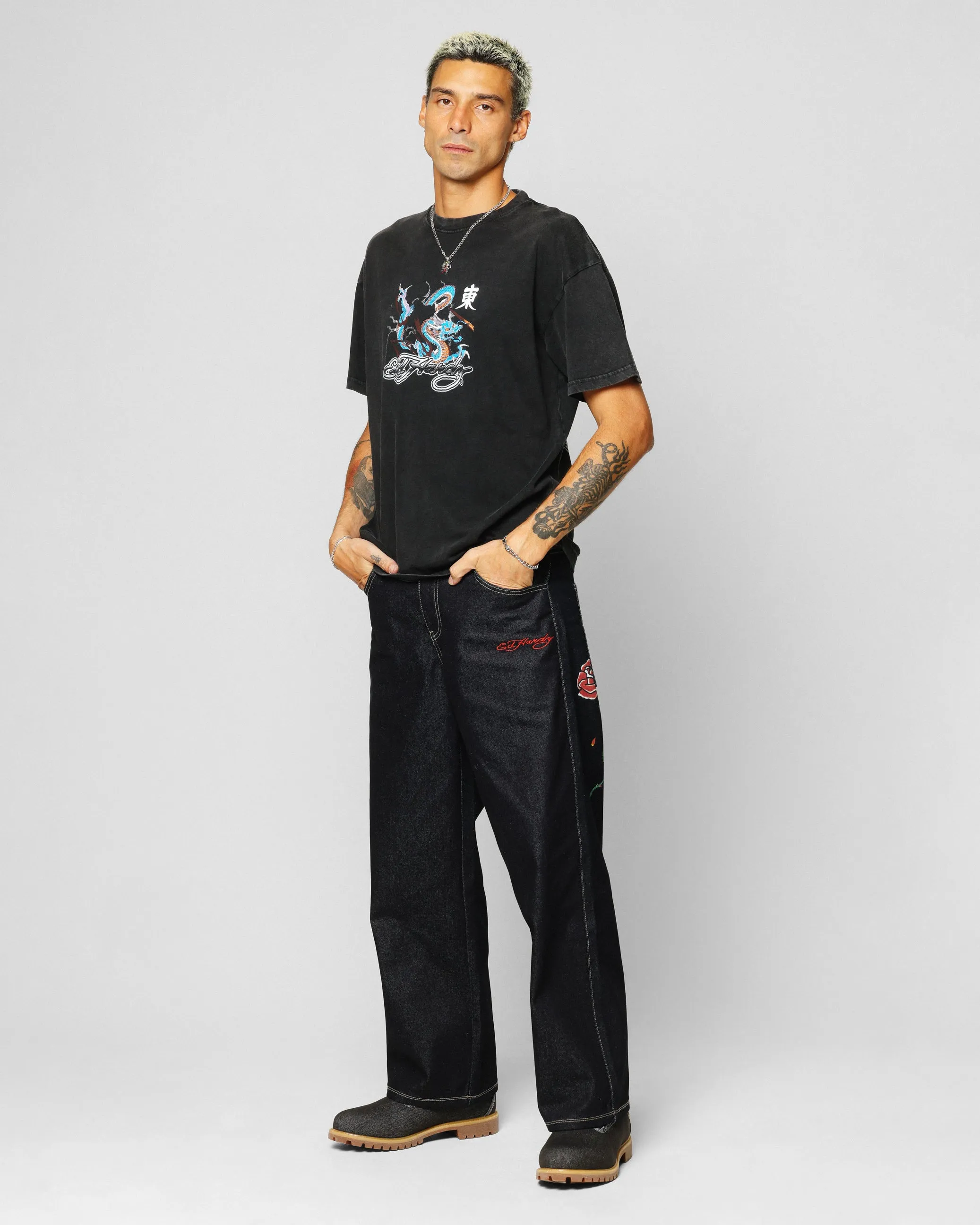 Ed Hardy Dragon Chest T-Shirt Black Acidwash