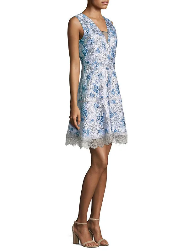 Elie Tahari V-Neck Sleeveless Zipper Back A-Line Floral Jacquard Dress