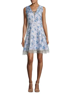 Elie Tahari V-Neck Sleeveless Zipper Back A-Line Floral Jacquard Dress