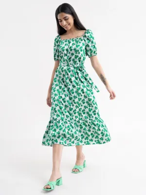 Floral A-Line Dress - Green