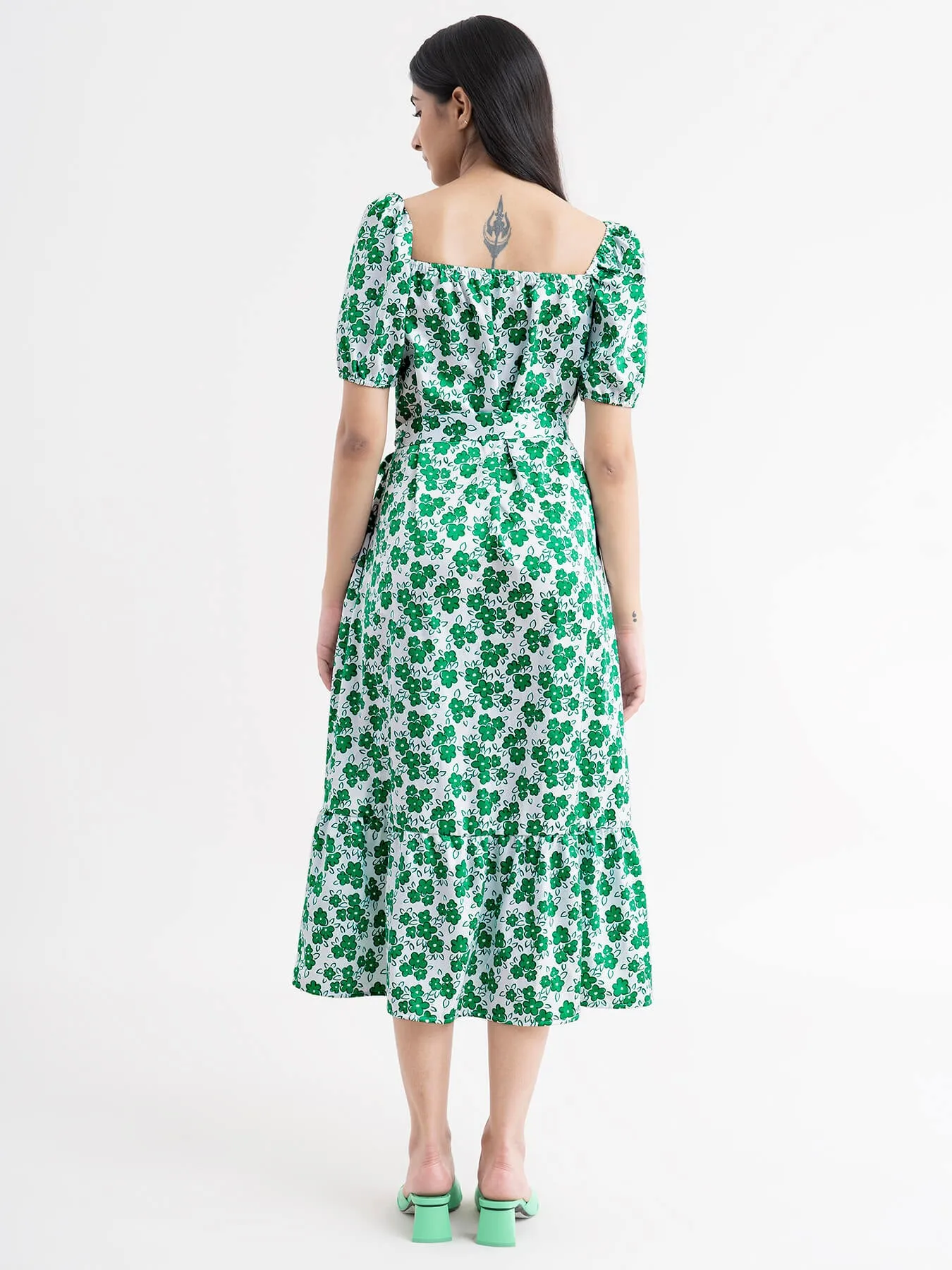 Floral A-Line Dress - Green