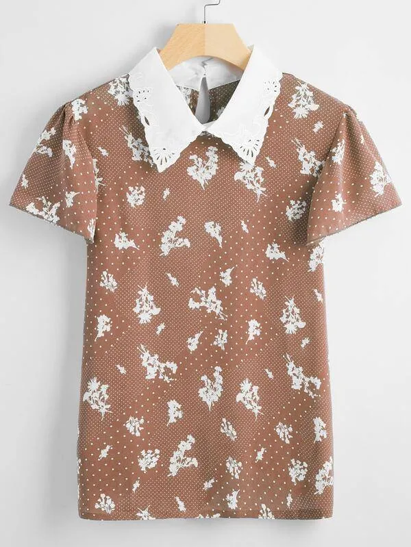 Floral &amp; Polka Dot Print Contrast Collar Blouse