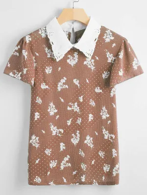 Floral &amp; Polka Dot Print Contrast Collar Blouse