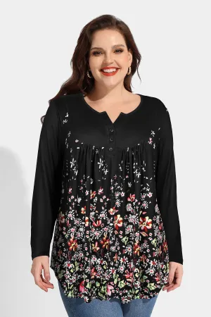 Floral Button Up Notched Neck Pleated Blouse