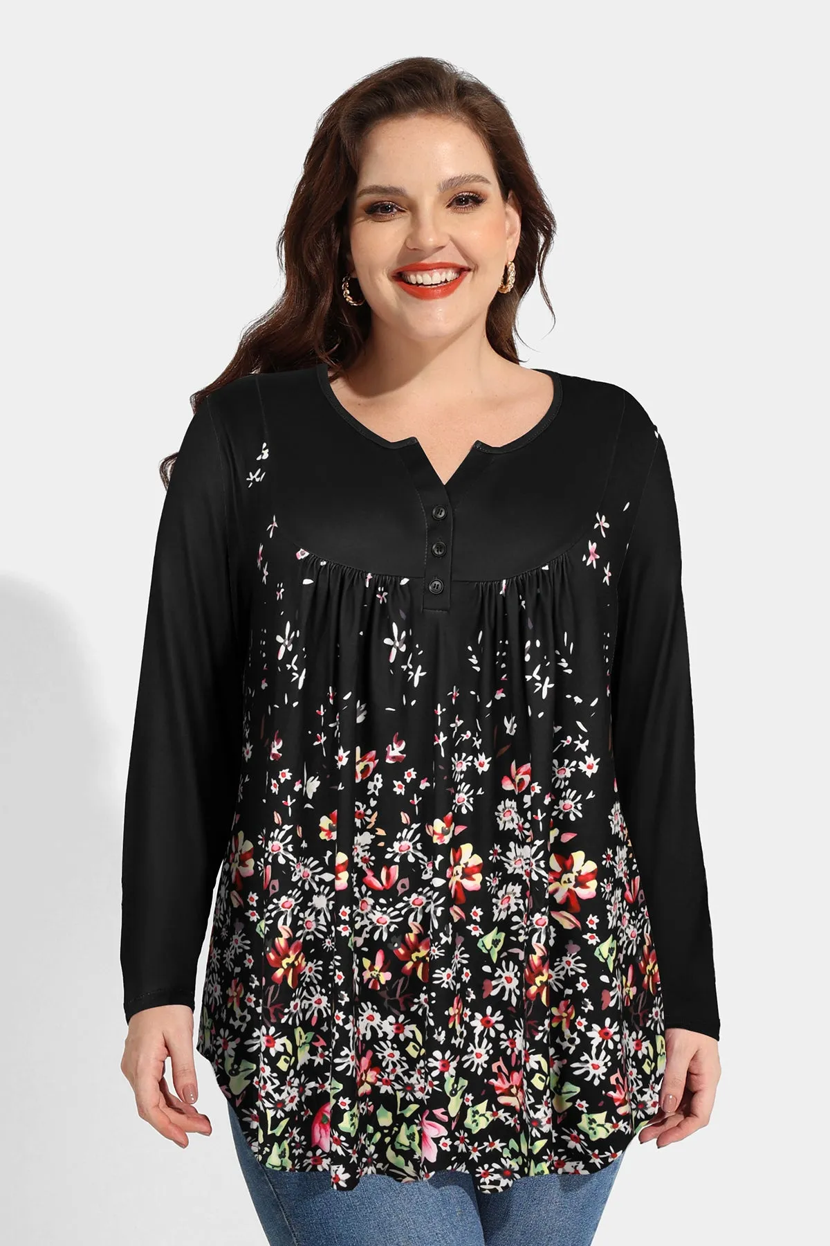 Floral Button Up Notched Neck Pleated Blouse