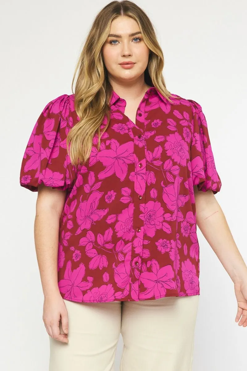 Floral Button Up Top, Magenta