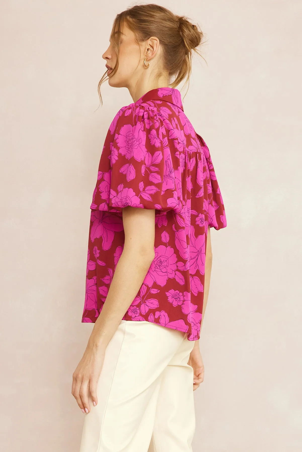 Floral Button Up Top, Magenta