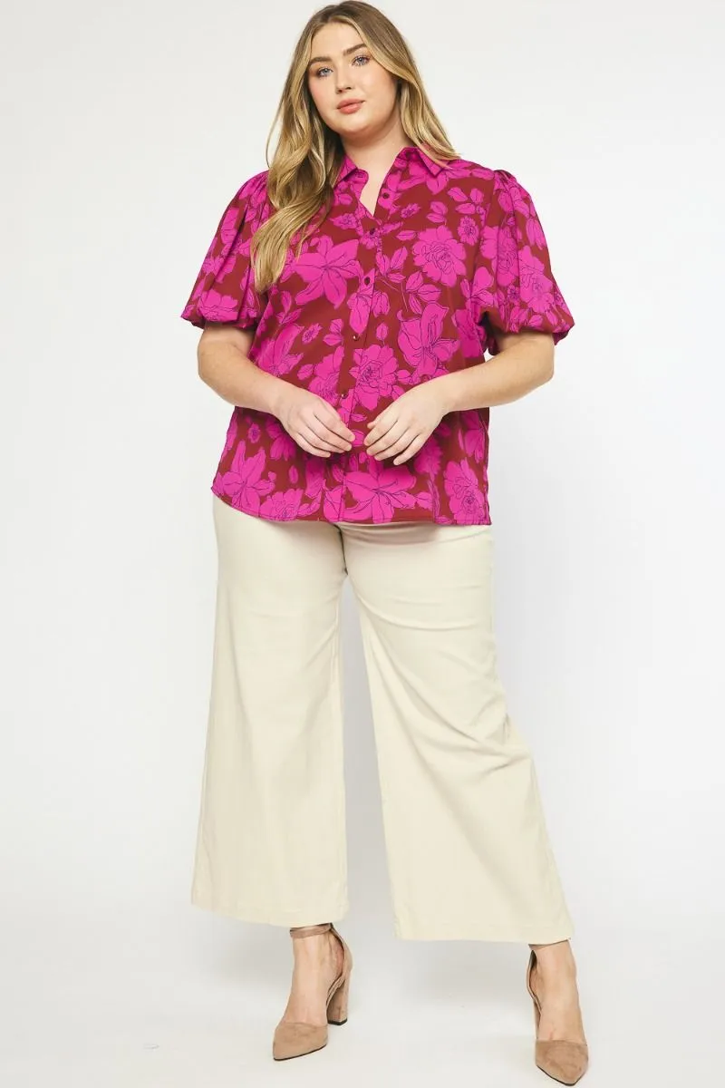Floral Button Up Top, Magenta
