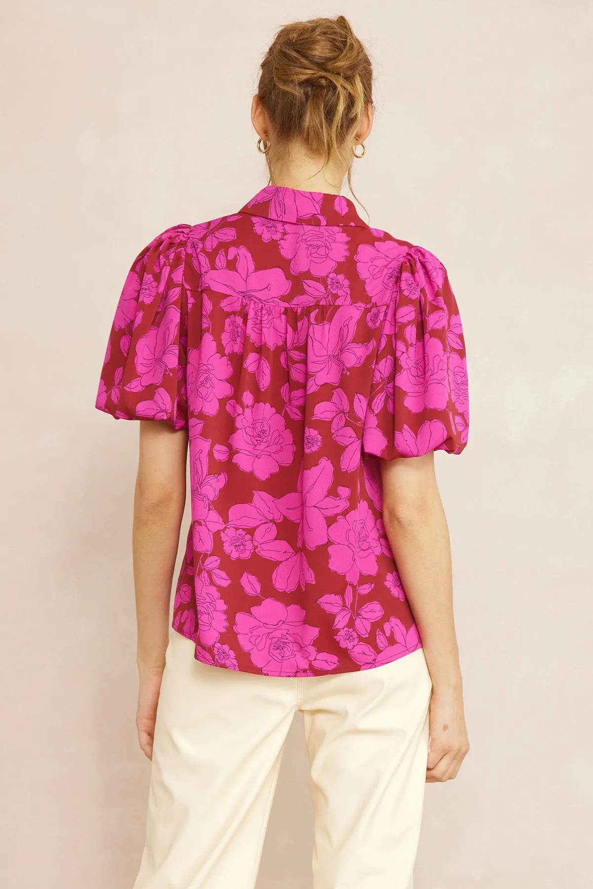 Floral Button Up Top, Magenta