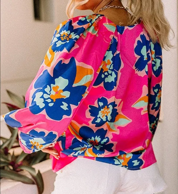 Floral Pleating Long Sleeve Blouse