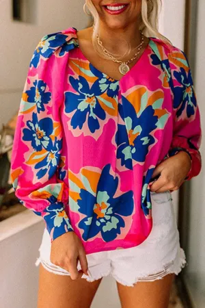 Floral Pleating Long Sleeve Blouse
