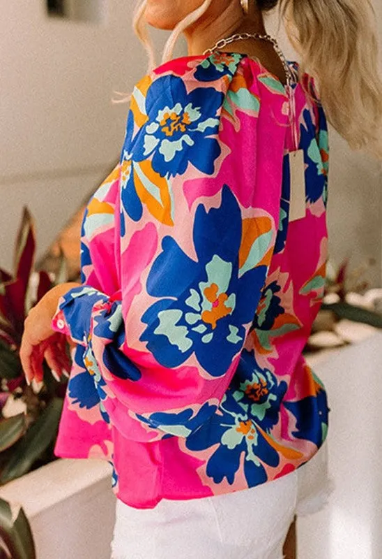 Floral Pleating Long Sleeve Blouse